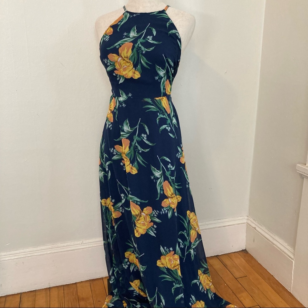 Lulus Navy Blue & Yellow Floral Print Maxi Dress cross cross strap back